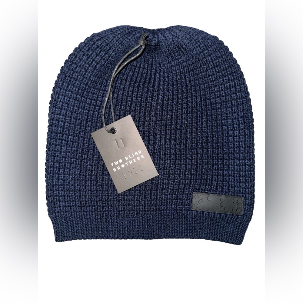 TWO BLIND BROTHERS Hat Beanie Winter Navy Blue BRAILLE Patch Knit NWT
